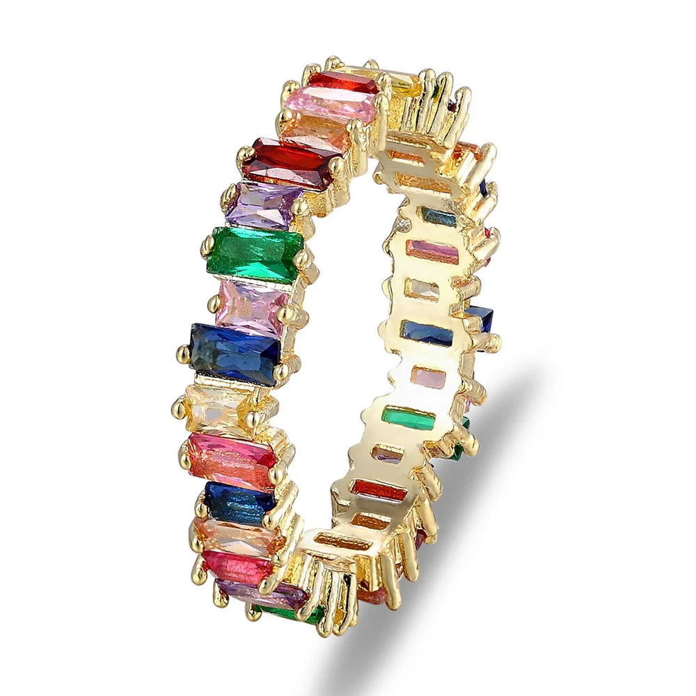 AIBEF-Anillo de cobre con diamantes de imitación coloridos para mujer, arcoíris de circón, joyería Bohemia, encanto, aniversario de boda, regalo de amante de 6 estilos
