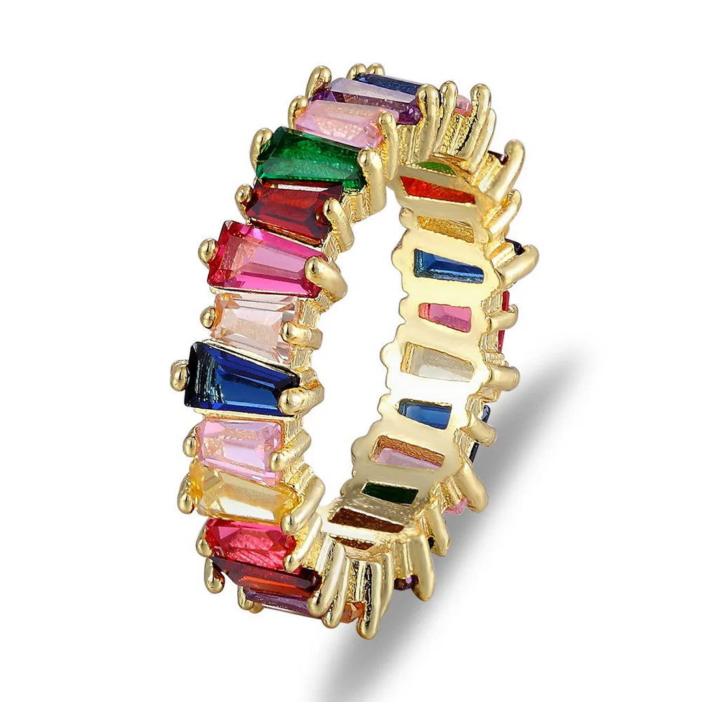 AIBEF-Anillo de cobre con diamantes de imitación coloridos para mujer, arcoíris de circón, joyería Bohemia, encanto, aniversario de boda, regalo de amante de 6 estilos