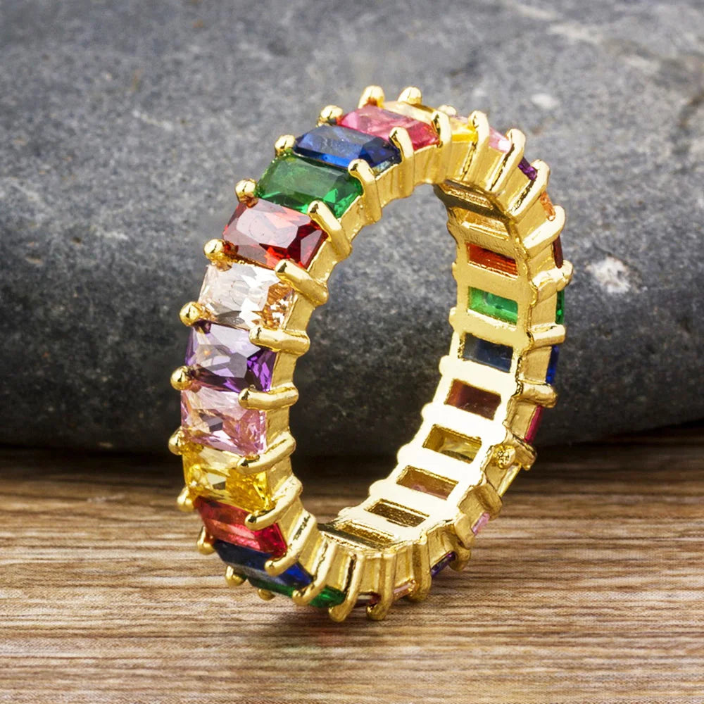 AIBEF-Anillo de cobre con diamantes de imitación coloridos para mujer, arcoíris de circón, joyería Bohemia, encanto, aniversario de boda, regalo de amante de 6 estilos