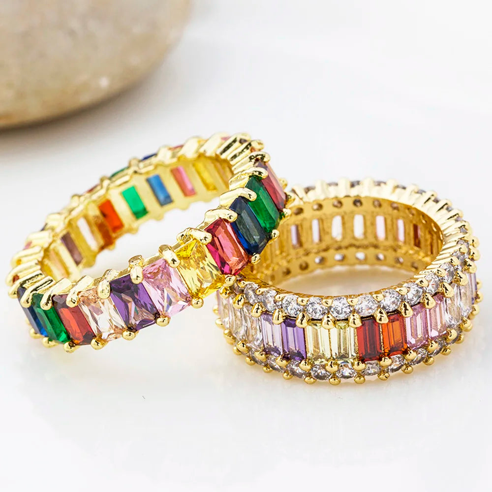 AIBEF-Anillo de cobre con diamantes de imitación coloridos para mujer, arcoíris de circón, joyería Bohemia, encanto, aniversario de boda, regalo de amante de 6 estilos