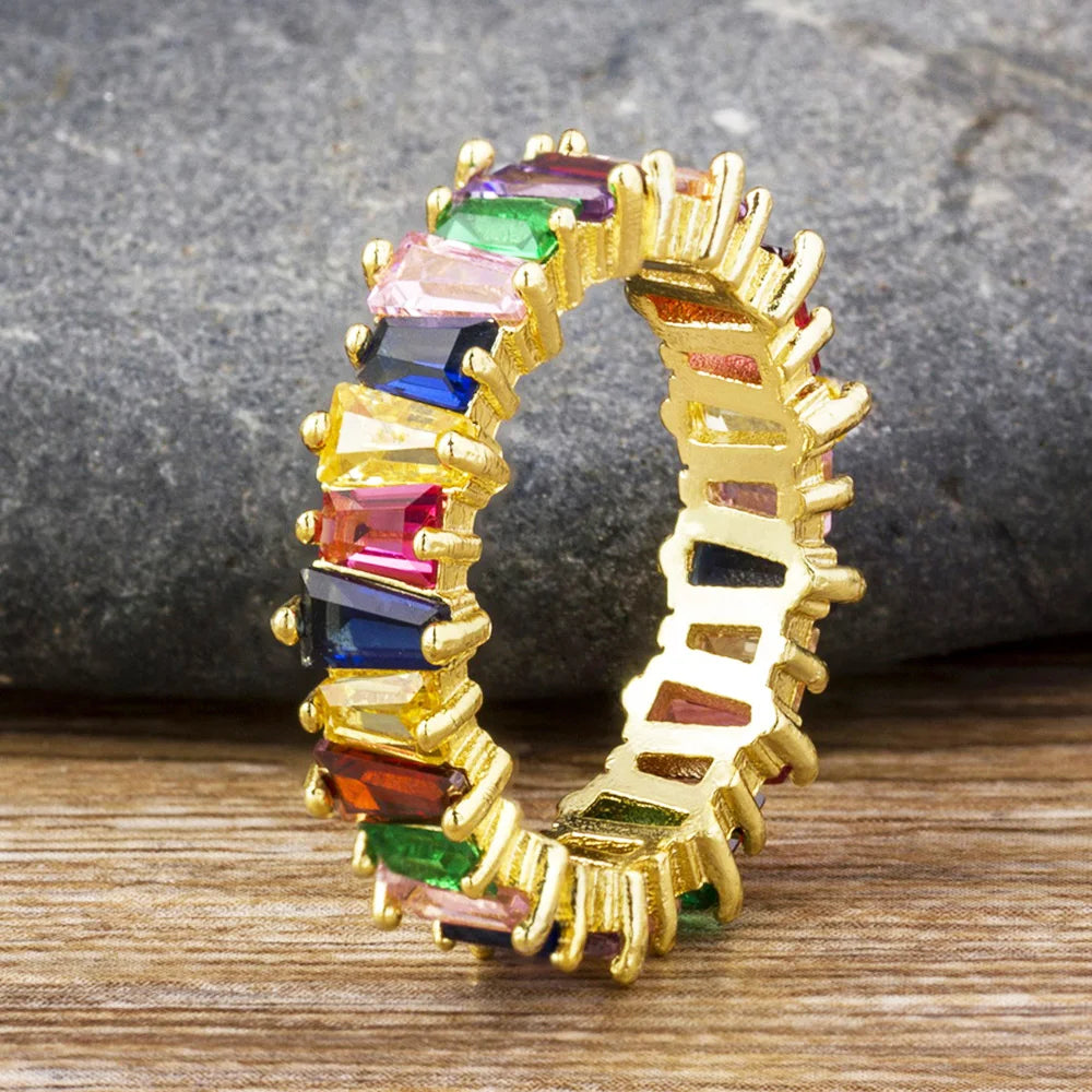 AIBEF-Anillo de cobre con diamantes de imitación coloridos para mujer, arcoíris de circón, joyería Bohemia, encanto, aniversario de boda, regalo de amante de 6 estilos