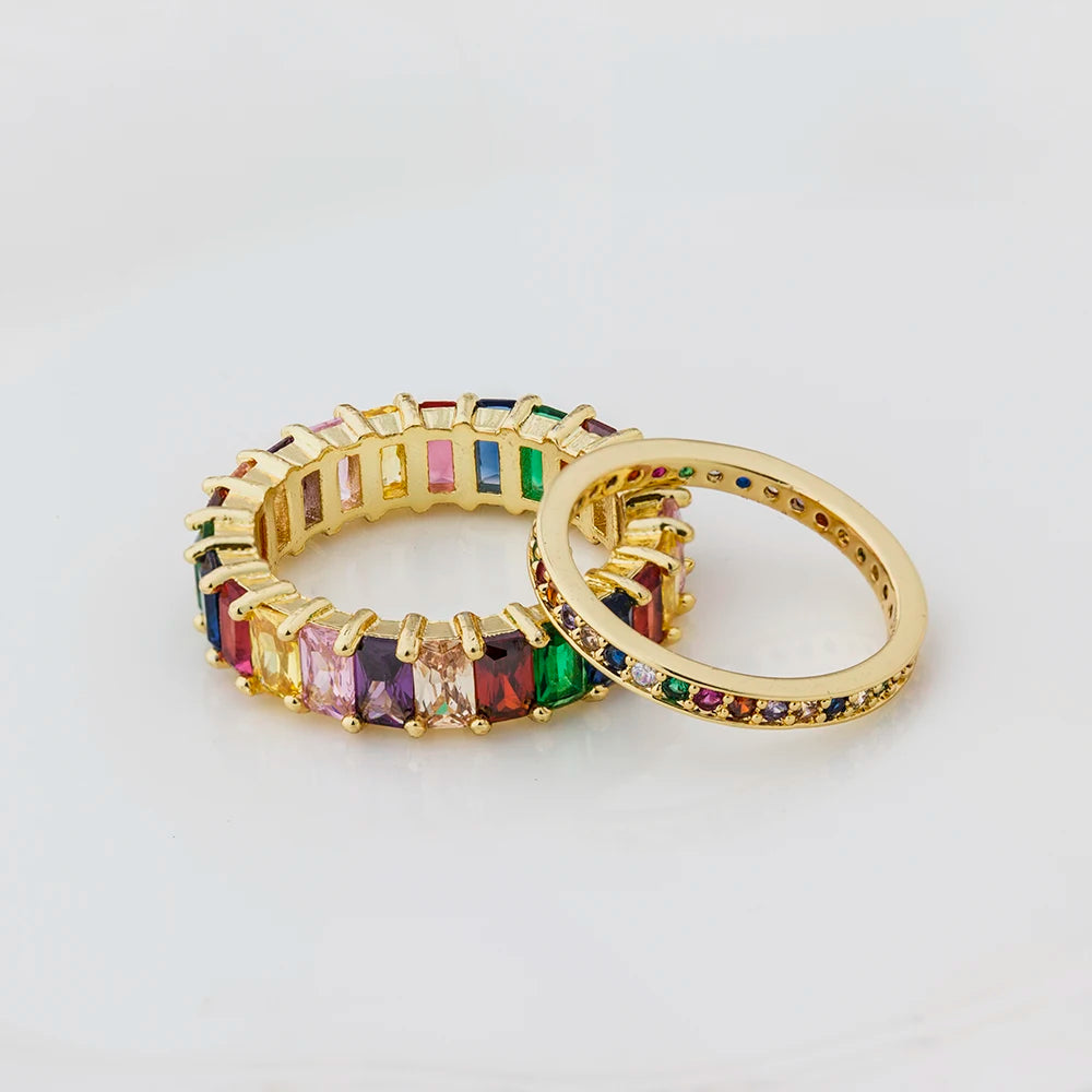 AIBEF-Anillo de cobre con diamantes de imitación coloridos para mujer, arcoíris de circón, joyería Bohemia, encanto, aniversario de boda, regalo de amante de 6 estilos