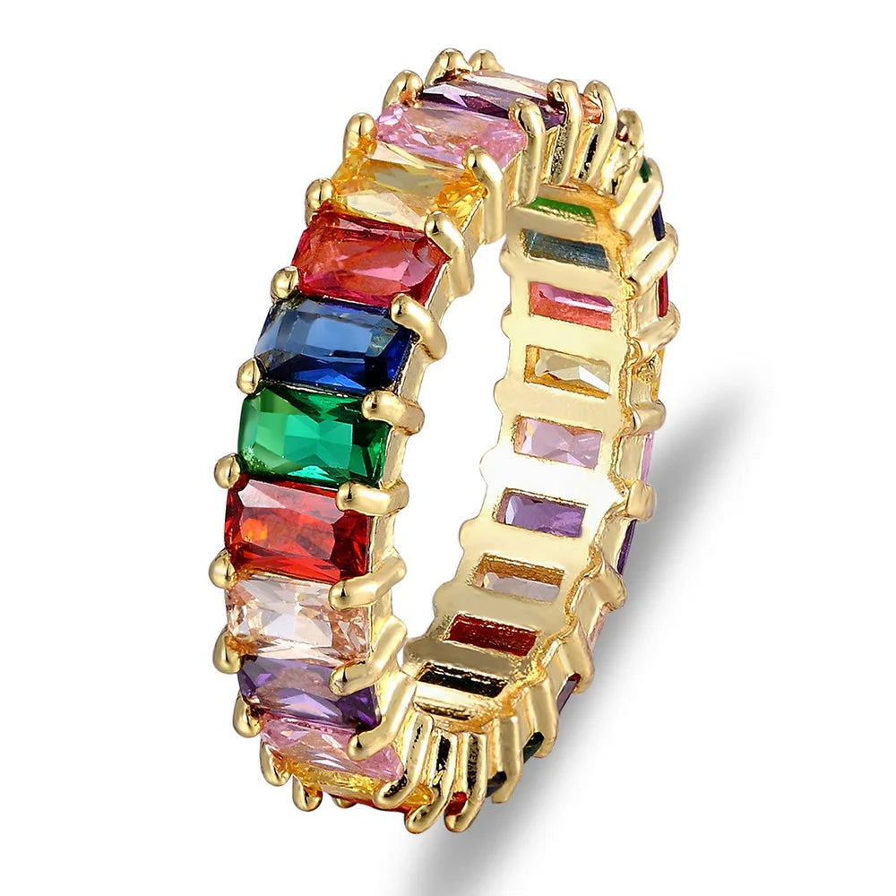 AIBEF-Anillo de cobre con diamantes de imitación coloridos para mujer, arcoíris de circón, joyería Bohemia, encanto, aniversario de boda, regalo de amante de 6 estilos