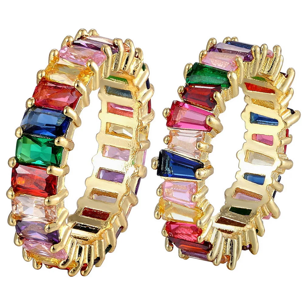 AIBEF-Anillo de cobre con diamantes de imitación coloridos para mujer, arcoíris de circón, joyería Bohemia, encanto, aniversario de boda, regalo de amante de 6 estilos