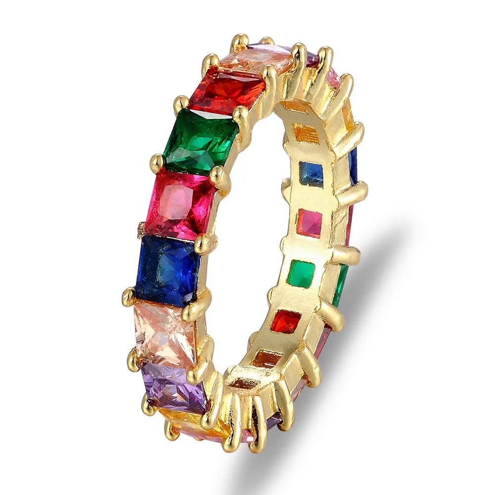 AIBEF-Anillo de cobre con diamantes de imitación coloridos para mujer, arcoíris de circón, joyería Bohemia, encanto, aniversario de boda, regalo de amante de 6 estilos