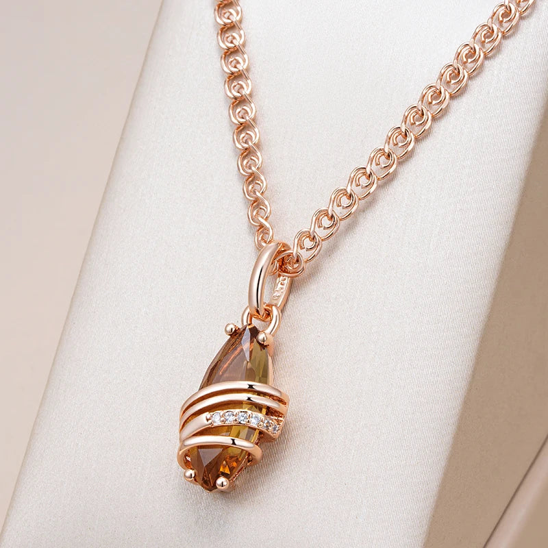 Kinel-collar con colgante de circón Natural marrón para mujer, moda novedosa, geometría única, Color oro rosa 585, joyería diaria de alta calidad