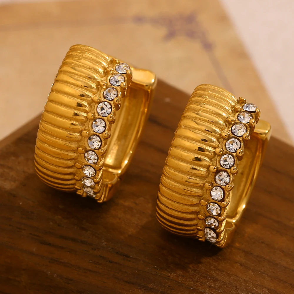 E.B.belle-pendientes de aro chapados en oro de 18k para mujer y niña, aretes de aro con borde de diamantes de imitación de lujo, diseño en espiral, joyería para fiesta y boda