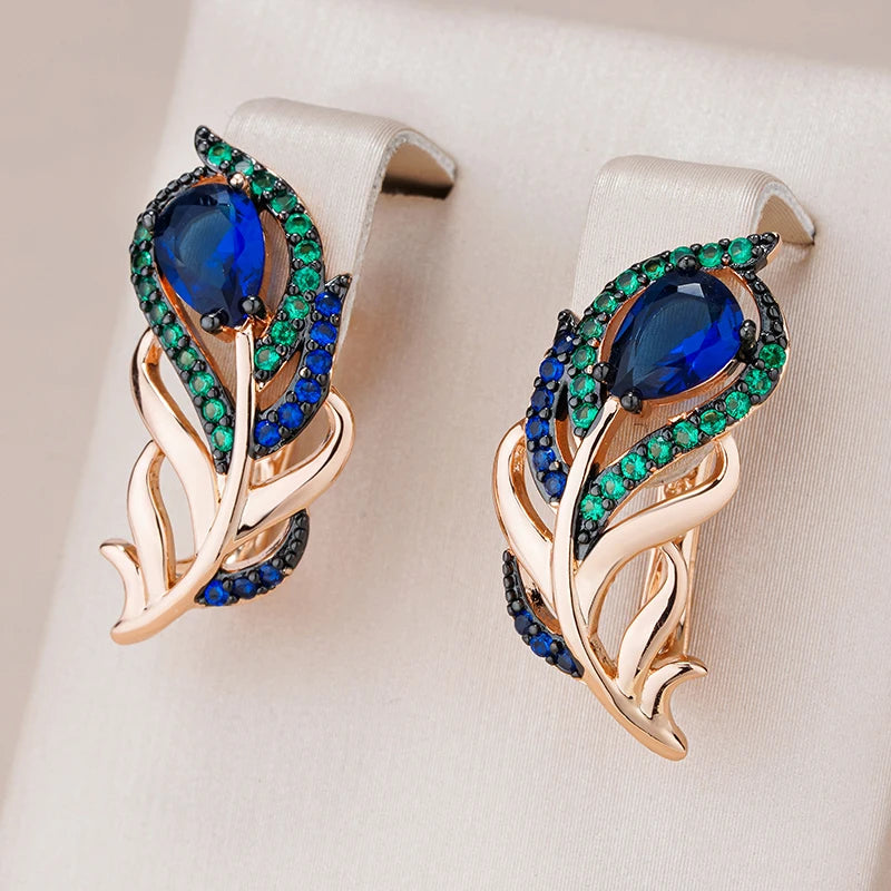 Pendientes Kinel de gota de circón Natural azul intenso para mujer 585 chapado en oro rosa y negro hoja de cristal Vintage joyería fina diaria