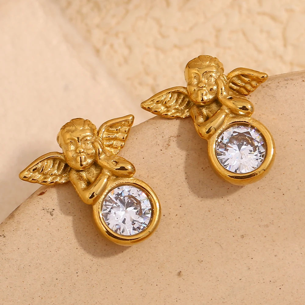 E.B.belle-pendientes de tuerca de Ángel Cupido con circonita brillante para mujer y hombre, joyería elegante de acero inoxidable para fiesta y Día de San Valentín, venta al por mayor