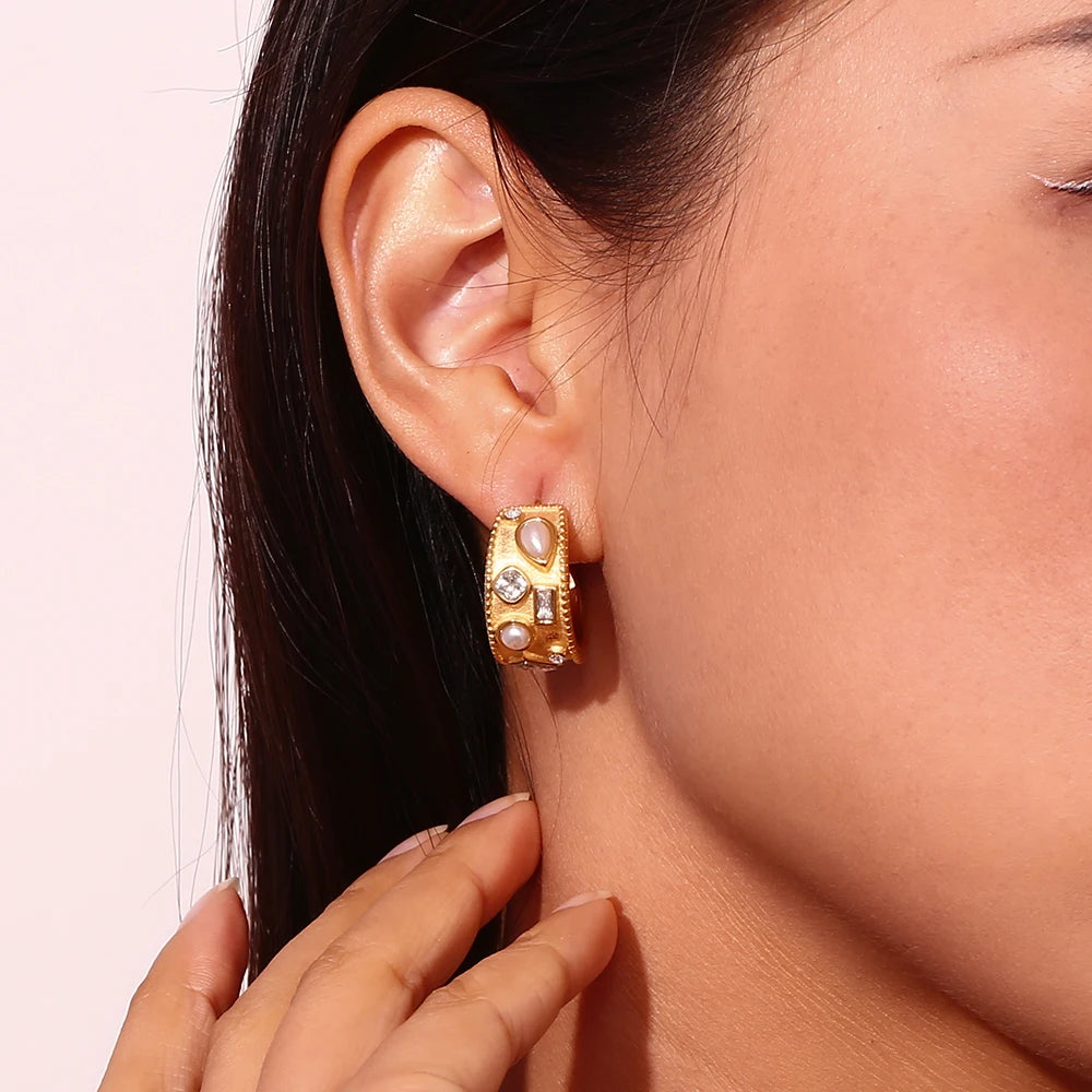 Pendientes de aro en forma de C con perla, diamantes de imitación geométricos, Color plateado, accesorios de acero inoxidable 316L, joyería chapada en oro de 18 quilates
