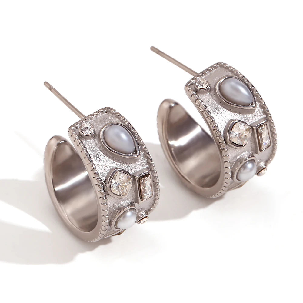 Pendientes de aro en forma de C con perla, diamantes de imitación geométricos, Color plateado, accesorios de acero inoxidable 316L, joyería chapada en oro de 18 quilates
