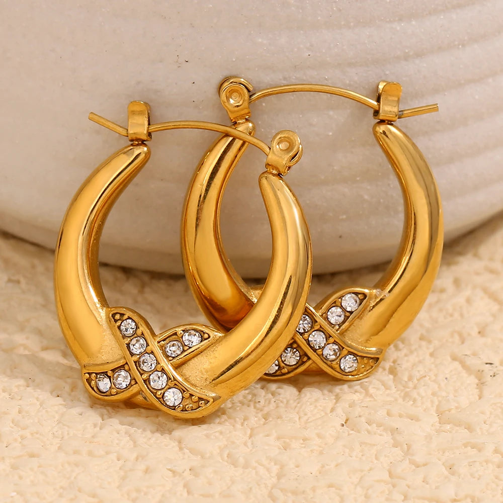 E.B.belle, nuevo diseño, pendientes de aro de lujo Crossing X con diamantes de imitación, chapado en oro de 18 quilates, joyería de moda para fiesta de acero inoxidable para mujer