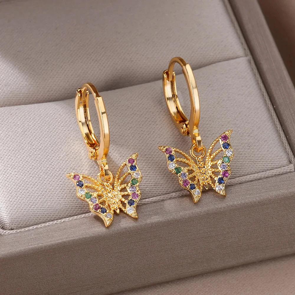 Pendientes de mariposa de circón para mujer, Pendientes de mariposa de Color dorado de acero inoxidable, joyería de tendencia para chica y2k