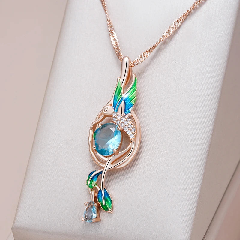Kinel-collar con colgante de pavo real esmaltado colorido para mujer, Color oro rosa 585, accesorios de circón Natural azul, joyería diaria