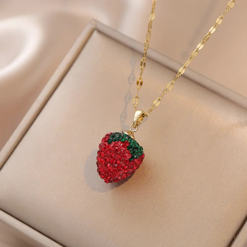 Collares con colgante de circonita y fresa Vintage para mujer, accesorios de joyería clásicos de acero inoxidable, regalos para amante