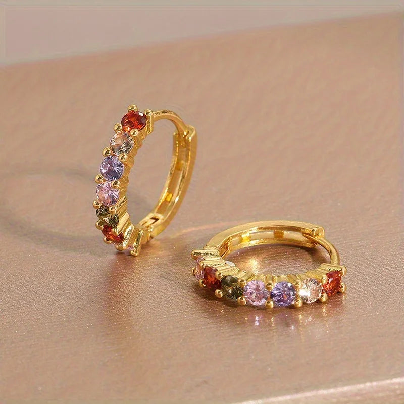 Pendientes de aro redondos de circonita cúbica para mujer, arcoíris brillante, regalo de joyería de Color dorado para fiesta clásica