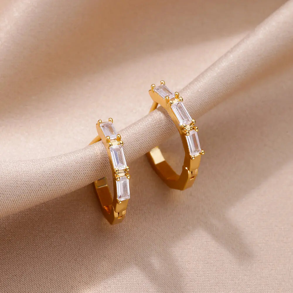 Pendientes rectangulares de circón para mujer, aretes de aro de acero inoxidable de Color dorado, joyería moderna de lujo para parejas de bodas 2024
