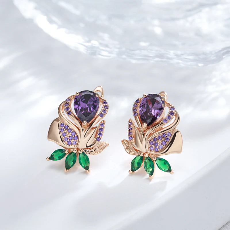 Kienl-pendientes de gota de flor de circón Natural púrpura Vintage para mujer, joyería fina de alta calidad para uso diario, pendiente grande de Color oro rosa 585