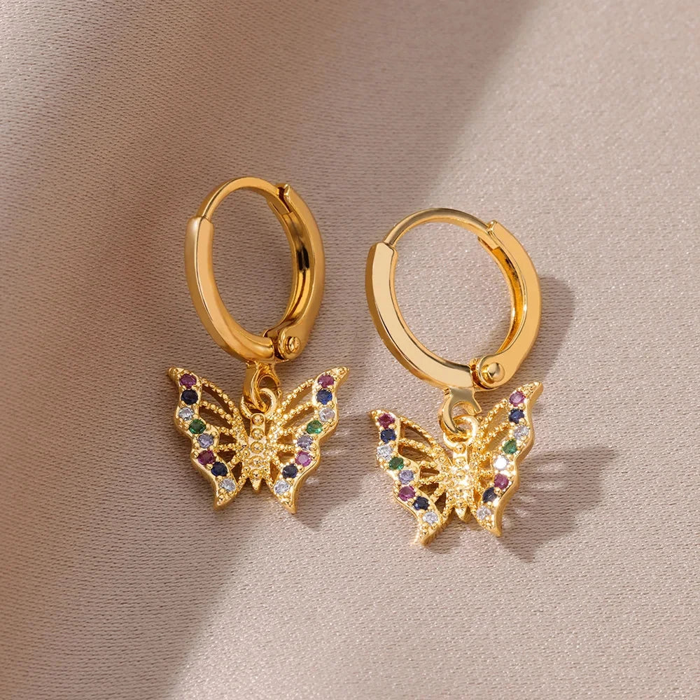 Pendientes de mariposa de circón para mujer, Pendientes de mariposa de Color dorado de acero inoxidable, joyería de tendencia para chica y2k
