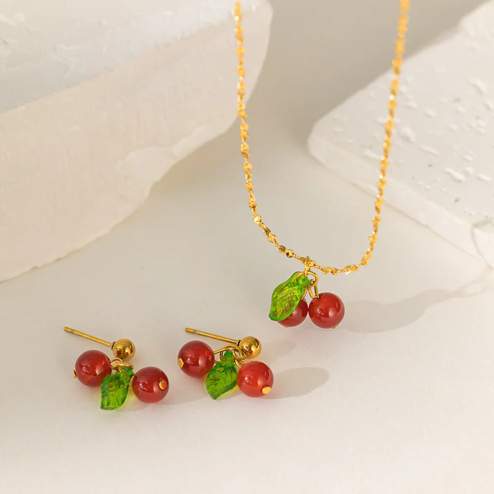 Pendientes minimalistas de cereza de acero inoxidable para mujer, joyería acrílica de fruta bonita, regalo del Día de San Valentín