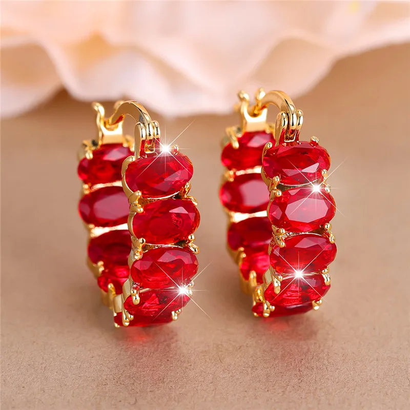 Pendientes de aro redondos de circonita roja ovalada de lujo para mujer, joyería de boda de Color oro amarillo con hebilla para oreja