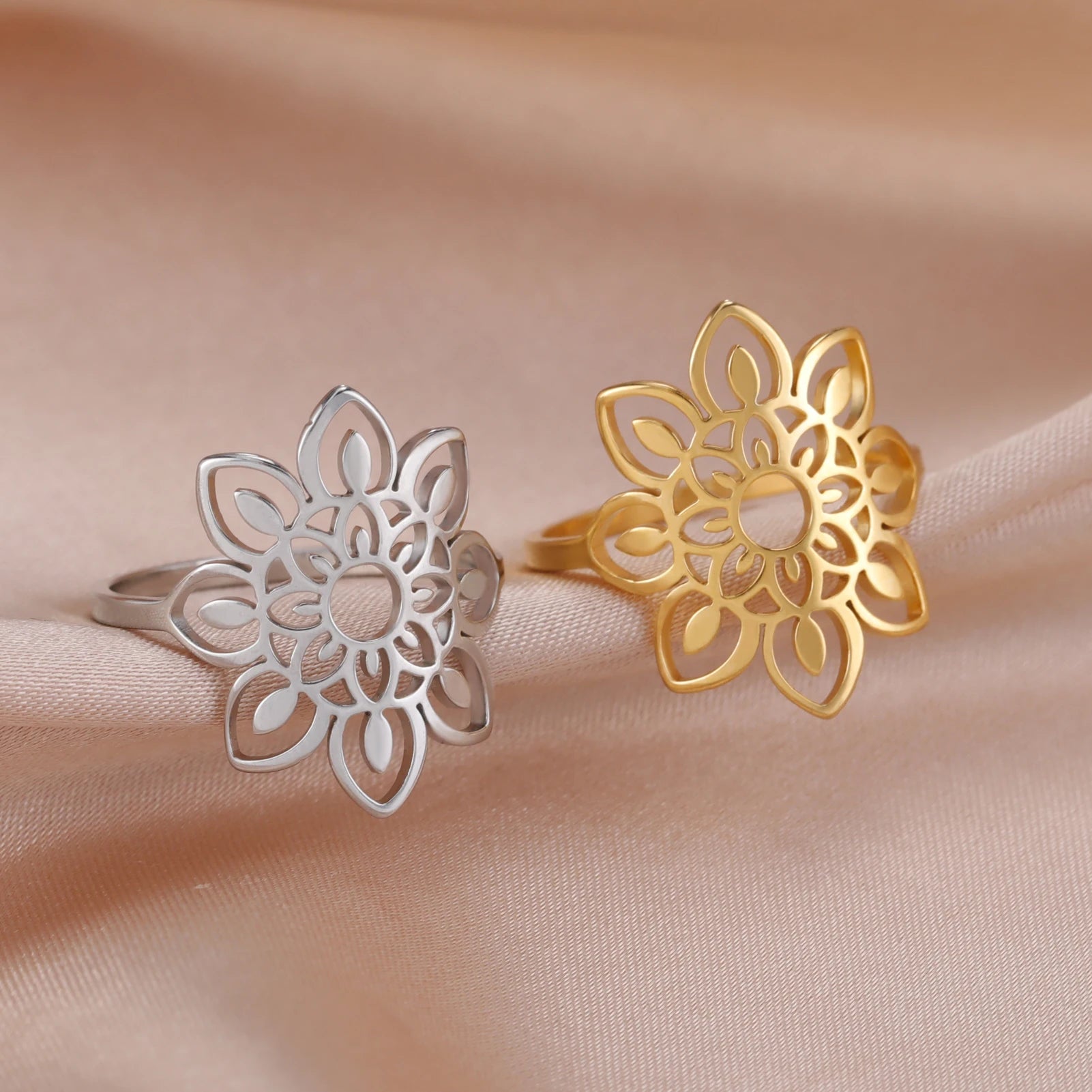 Cazador, anillos estéticos de filigrana con flor de loto para mujer, anillo bohemio de Color dorado, compromiso de boda, regalo de joyería de acero inoxidable