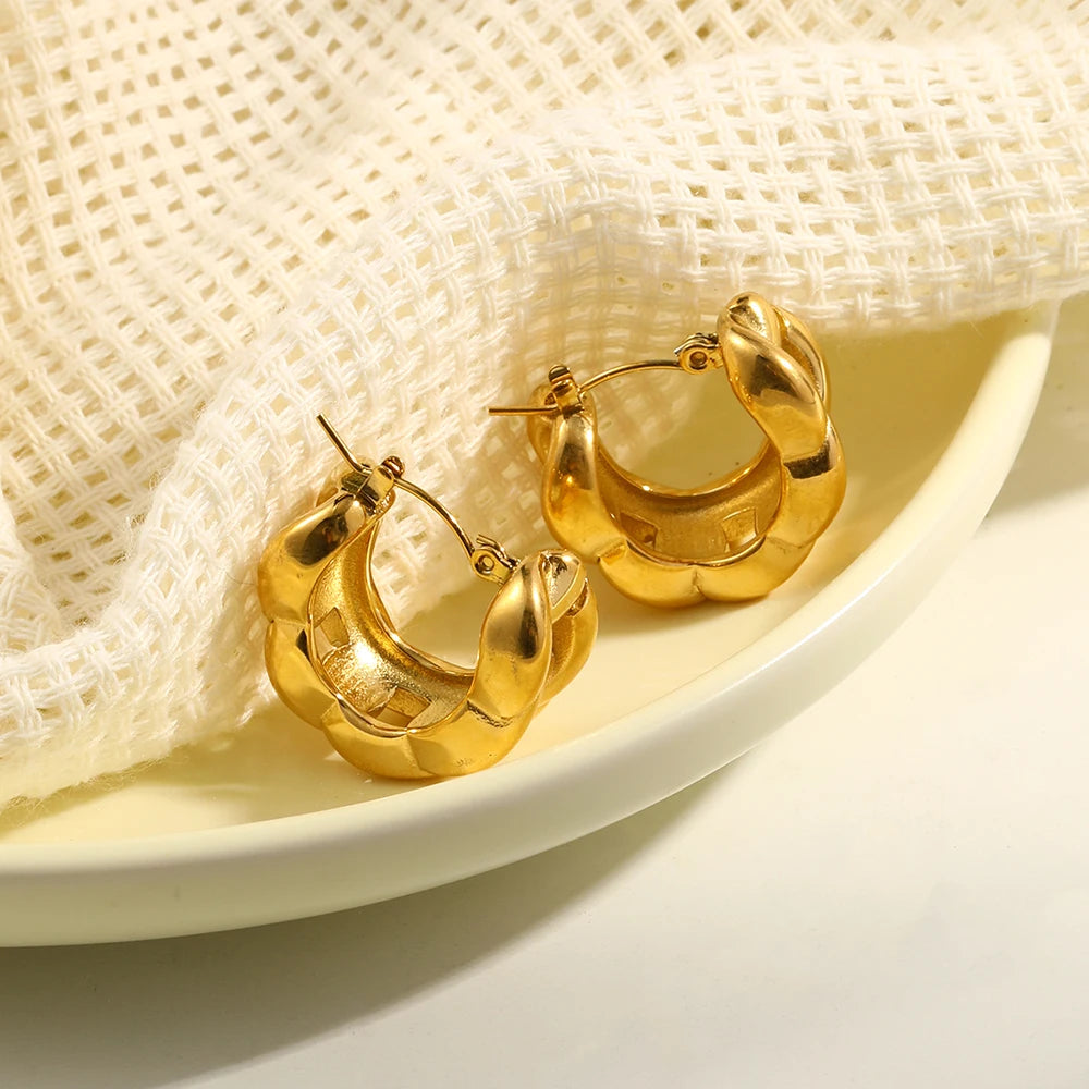 E.B.belle-pendientes de acero inoxidable chapados en oro de 18K para mujer, aretes de aro gruesos con textura de cadena cubana hueca, aros para mujer