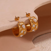 Pendientes de aro en forma de C con perla, diamantes de imitación geométricos, Color plateado, accesorios de acero inoxidable 316L, joyería chapada en oro de 18 quilates