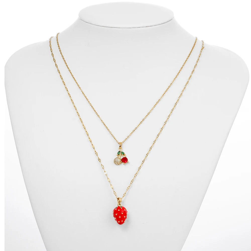Collar de doble capa de cereza y fresa para mujer, cadena de acero inoxidable, joyería bonita de moda, estilo europeo y americano