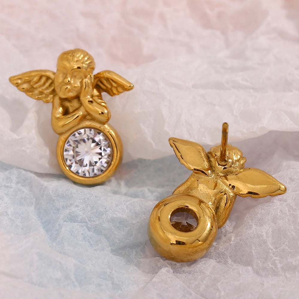 E.B.belle-pendientes de tuerca de Ángel Cupido con circonita brillante para mujer y hombre, joyería elegante de acero inoxidable para fiesta y Día de San Valentín, venta al por mayor