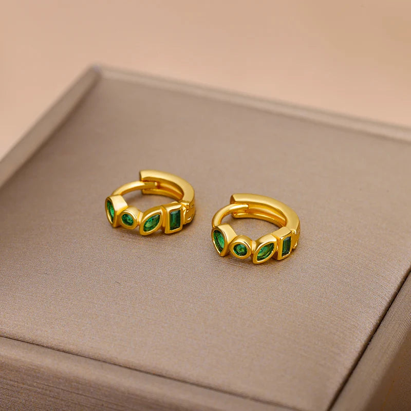 Pendientes de aro verdes de circón minimalistas para mujer, aretes de botón de oreja de círculo pequeño de acero inoxidable, joyería de moda