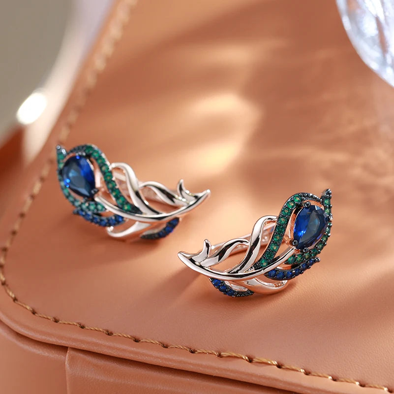 Pendientes Kinel de gota de circón Natural azul intenso para mujer 585 chapado en oro rosa y negro hoja de cristal Vintage joyería fina diaria