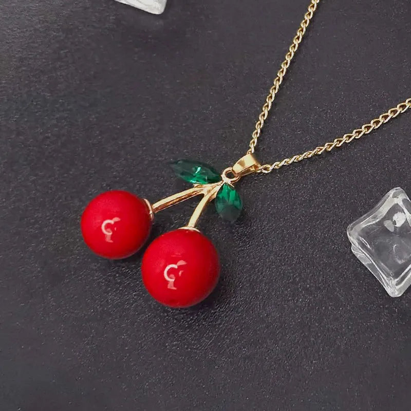 OL Collares largos con colgantes de cereza a la moda para mujer, joyería de uso diario