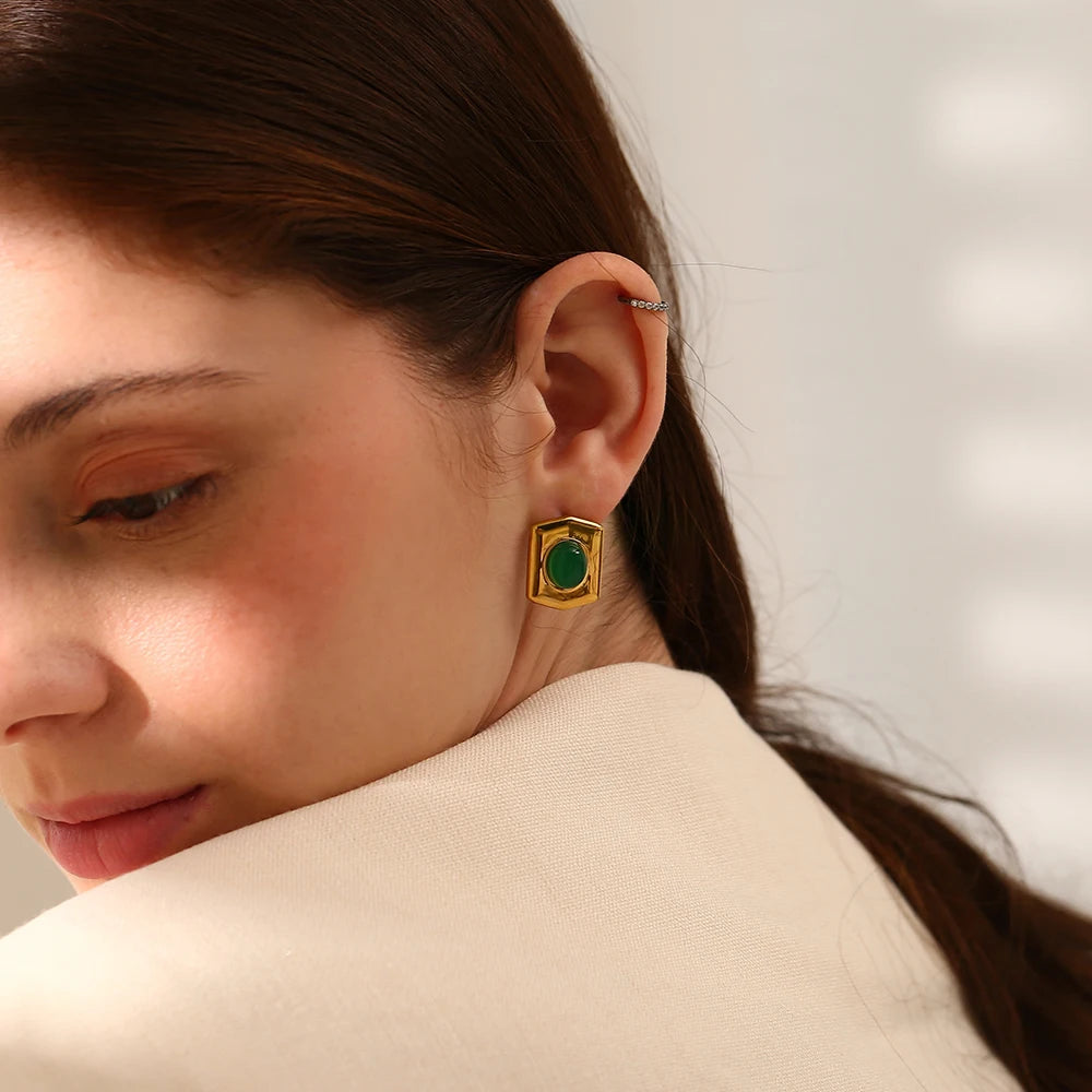 E.B.belle-pendiente con forma hexagonal de piedra de ágata verde/negra, pendiente de piedra Natural de acero inoxidable para mujer, joyería clásica