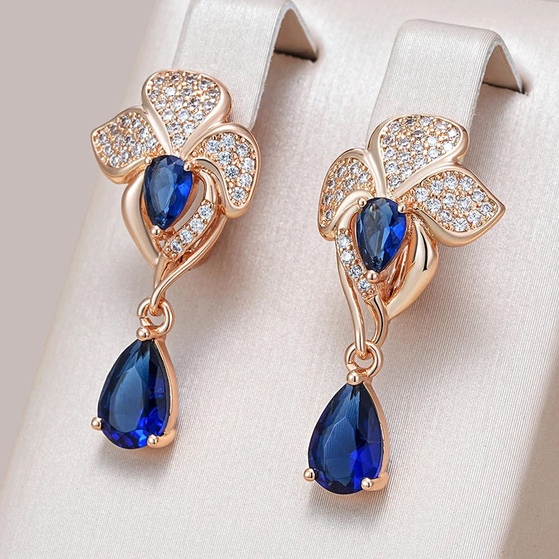 Kinel-pendientes largos de circonita Natural azul para mujer, aretes colgantes de flores Vintage, Color oro rosa 585, joyería fina étnica para boda