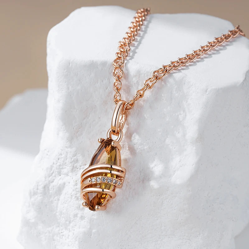 Kinel-collar con colgante de circón Natural marrón para mujer, moda novedosa, geometría única, Color oro rosa 585, joyería diaria de alta calidad