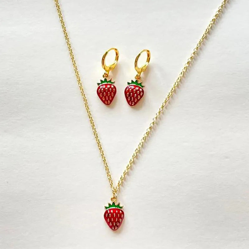 Conjunto de pendientes y collar de joyería de fresa, joyería independiente y2k