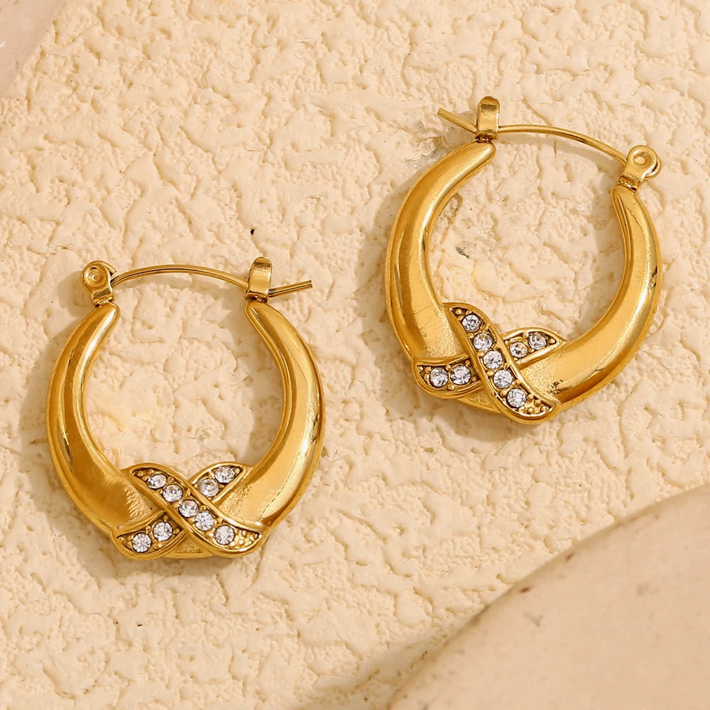 E.B.belle, nuevo diseño, pendientes de aro de lujo Crossing X con diamantes de imitación, chapado en oro de 18 quilates, joyería de moda para fiesta de acero inoxidable para mujer