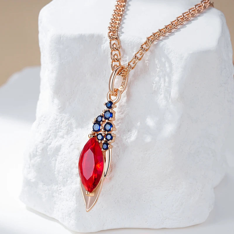 Kinel-collar con colgante de Color oro rosa 585, moda para mujer, rojo con circonita Natural azul, accesorios, joyería fina diaria