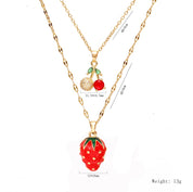 Collar de doble capa de cereza y fresa para mujer, cadena de acero inoxidable, joyería bonita de moda, estilo europeo y americano