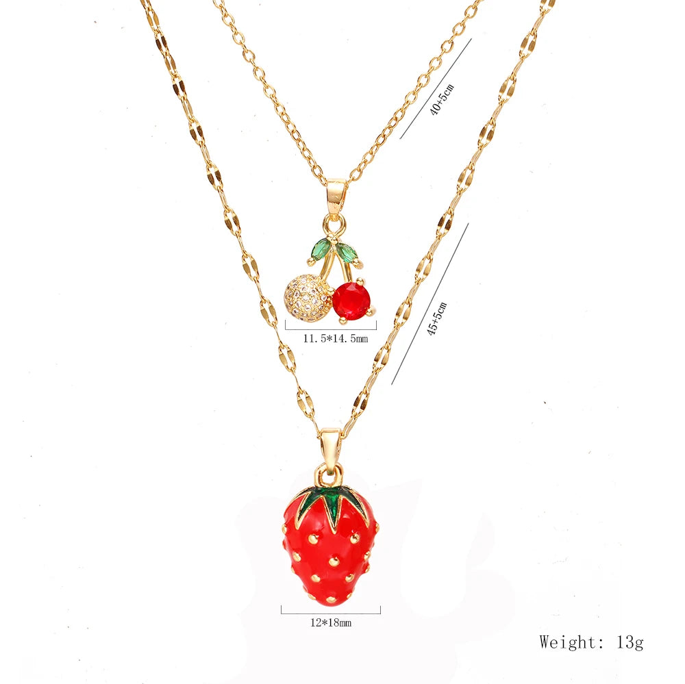 Collar de doble capa de cereza y fresa para mujer, cadena de acero inoxidable, joyería bonita de moda, estilo europeo y americano