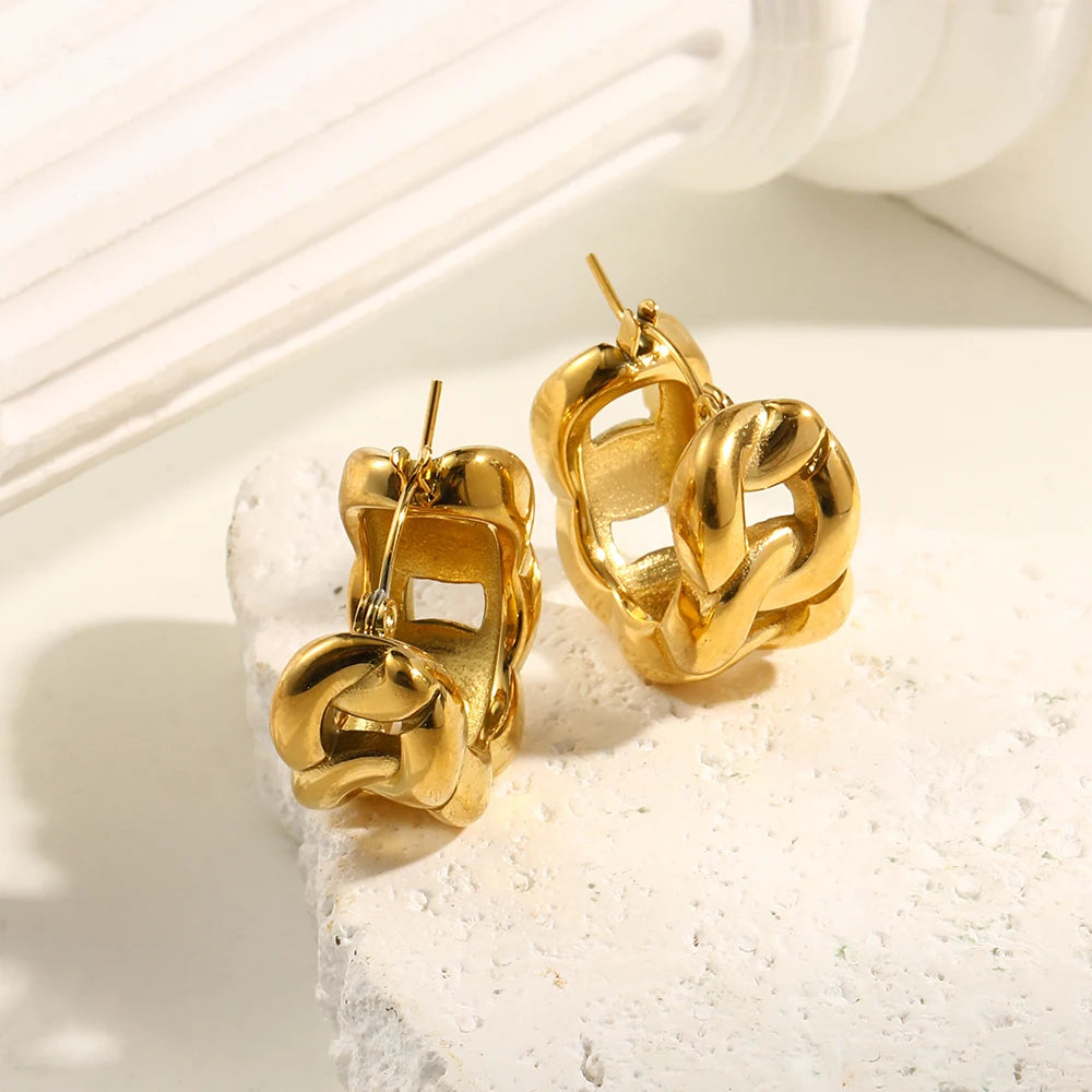 E.B.belle-pendientes de acero inoxidable chapados en oro de 18K para mujer, aretes de aro gruesos con textura de cadena cubana hueca, aros para mujer