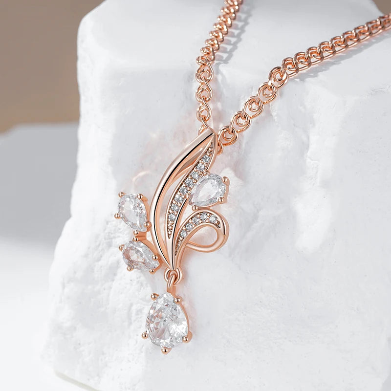 Kinel-collar con colgante de flor de circón Natural brillante para mujer, joyería de Boda nupcial étnica de Color oro rosa 585, moda