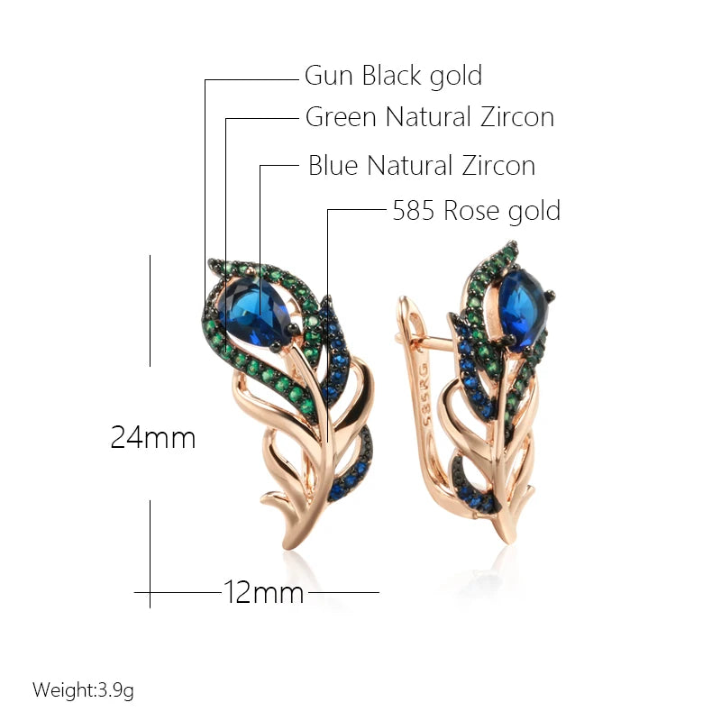 Pendientes Kinel de gota de circón Natural azul intenso para mujer 585 chapado en oro rosa y negro hoja de cristal Vintage joyería fina diaria