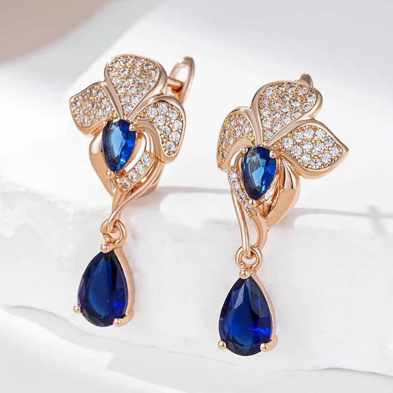 Kinel-pendientes largos de circonita Natural azul para mujer, aretes colgantes de flores Vintage, Color oro rosa 585, joyería fina étnica para boda