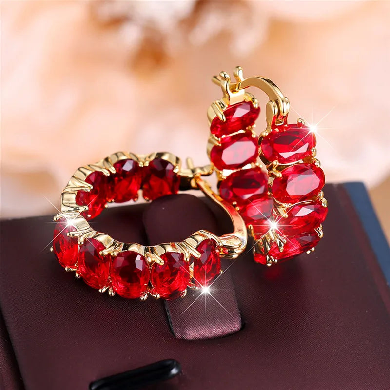 Pendientes de aro redondos de circonita roja ovalada de lujo para mujer, joyería de boda de Color oro amarillo con hebilla para oreja