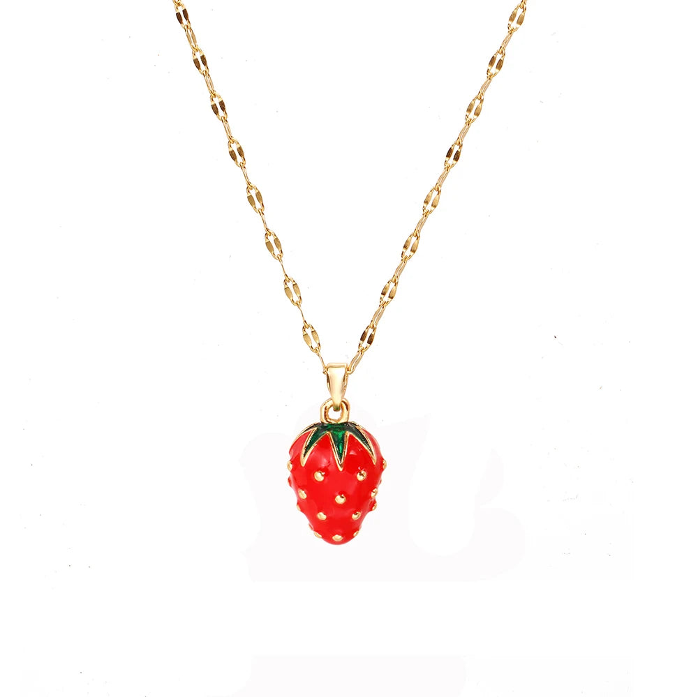 Collar de doble capa de cereza y fresa para mujer, cadena de acero inoxidable, joyería bonita de moda, estilo europeo y americano