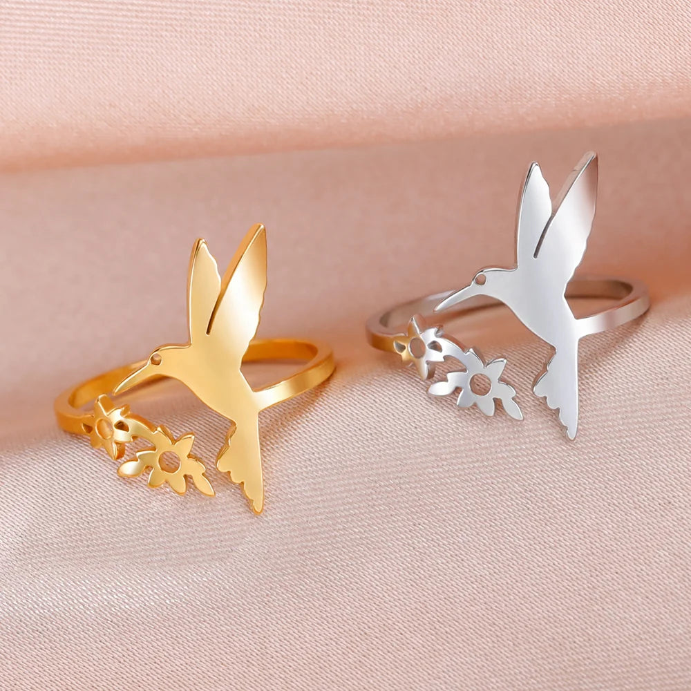 Cazador-anillos de hojas y flores de pájaro para mujer, joyería de acero inoxidable, anillo abierto para dedo, regalo de aniversario de cumpleaños, venta al por mayor