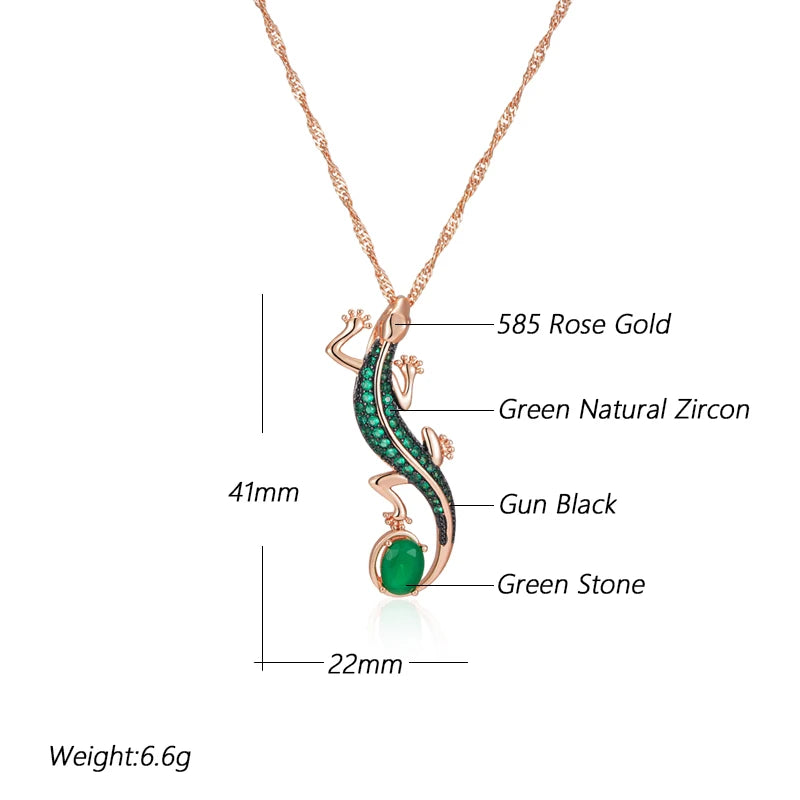 Kinel-collar con colgante de lagarto de circón Natural verde intenso para mujer, chapado en oro rosa 585, joyería Punk diaria de animales Vintage