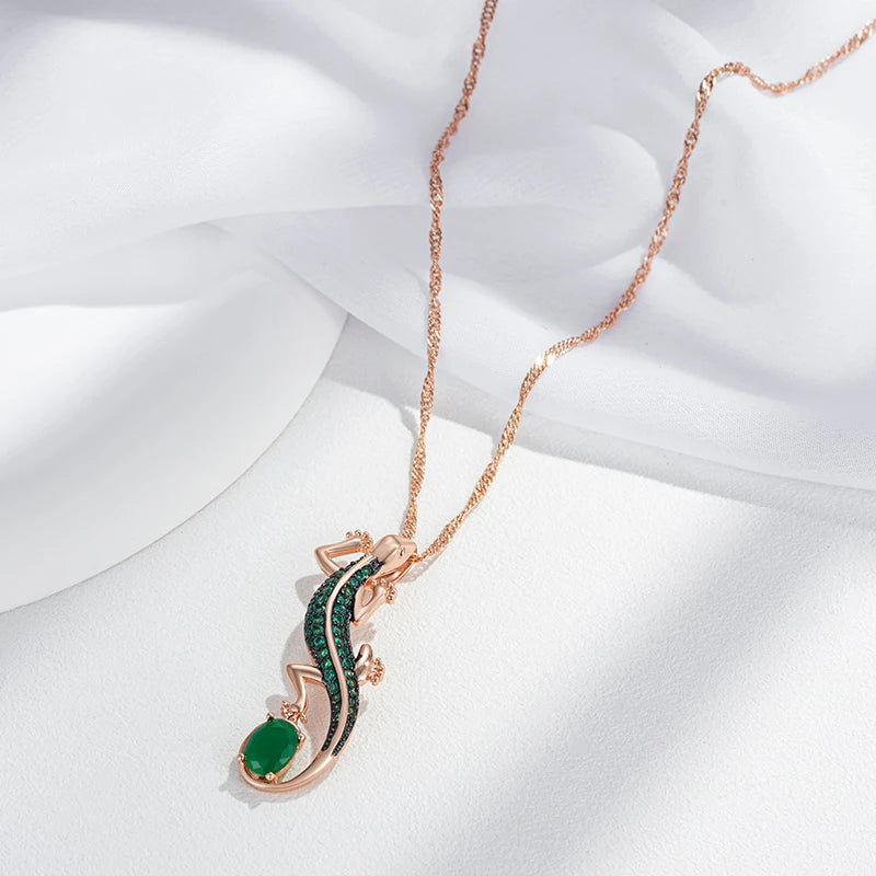 Kinel-collar con colgante de lagarto de circón Natural verde intenso para mujer, chapado en oro rosa 585, joyería Punk diaria de animales Vintage
